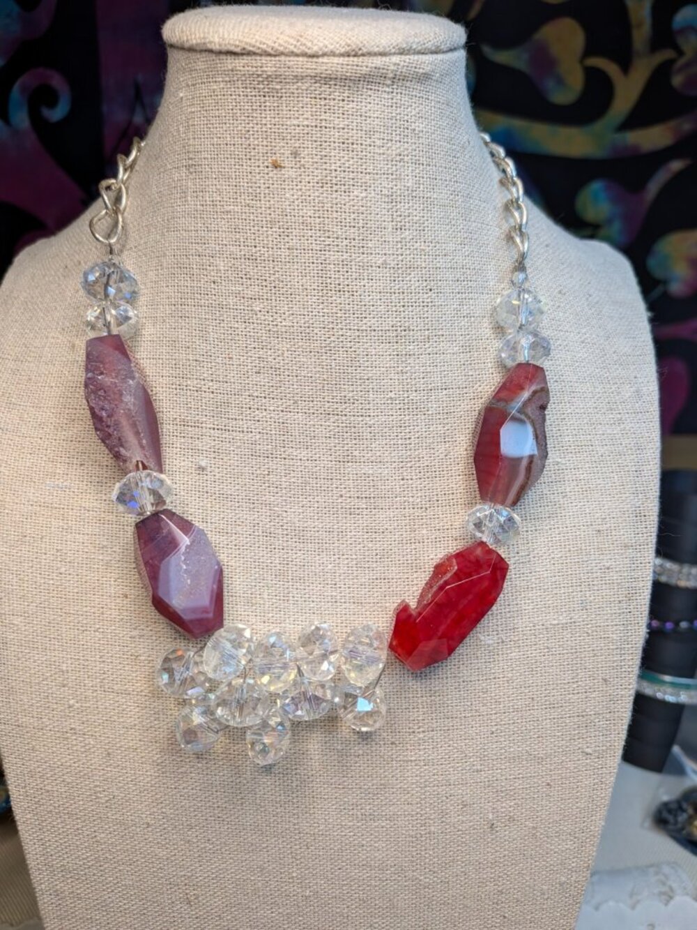 Druzy Agate & Crystal Cluster Statement Necklace Purple Red Gemstone Beads